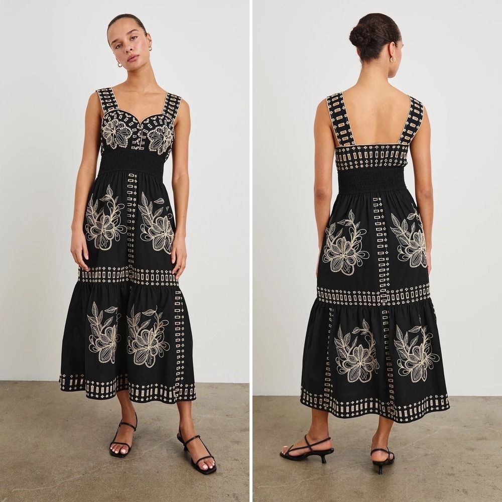 NWT Rails Fawn Dress XXS Black Ivory Embroidered Floral Cotton Tiered Maxi Chic - Picture 2 of 16